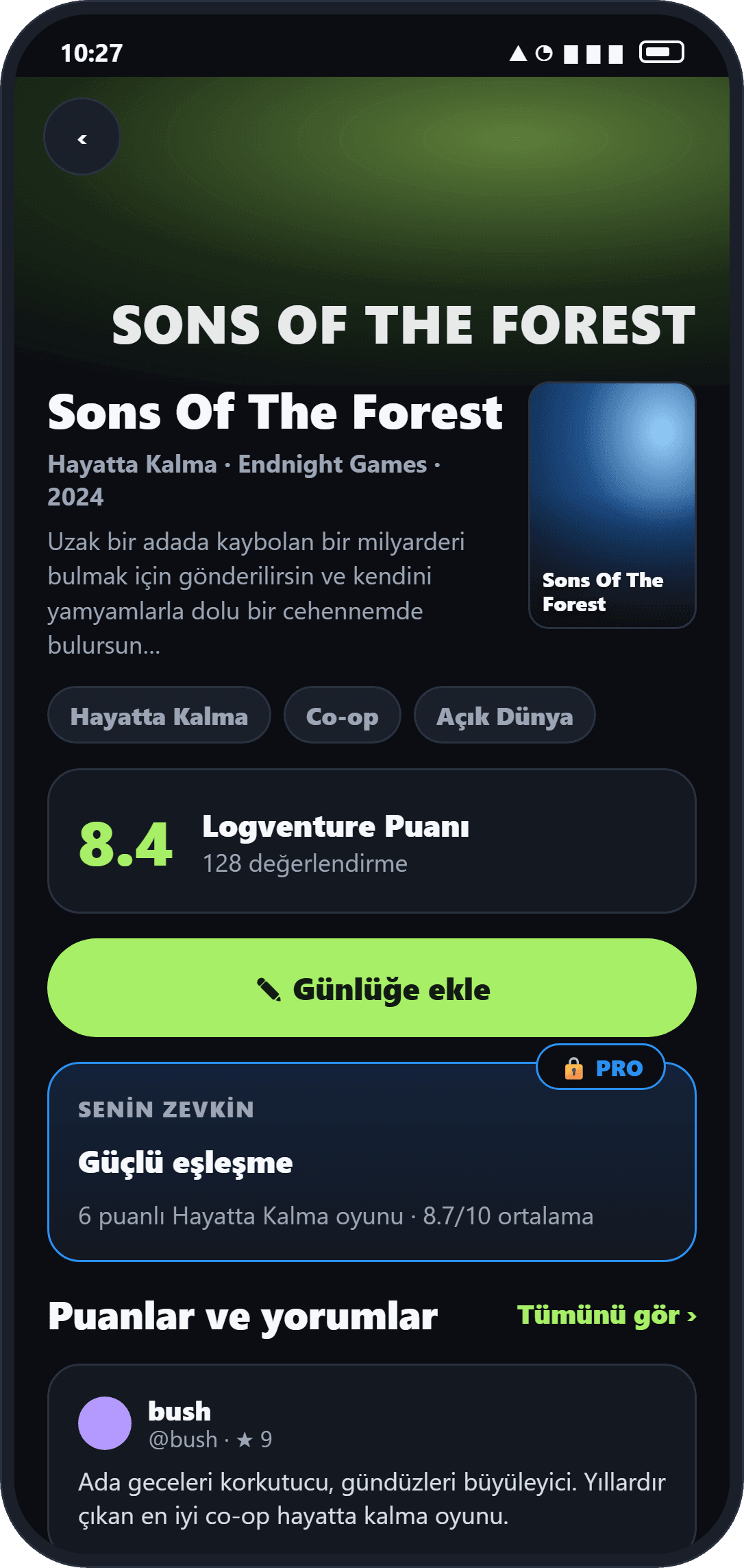 Oyun detayları ekranı