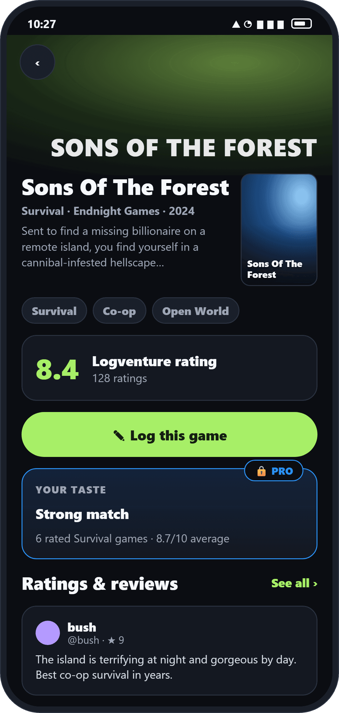 Game details screen