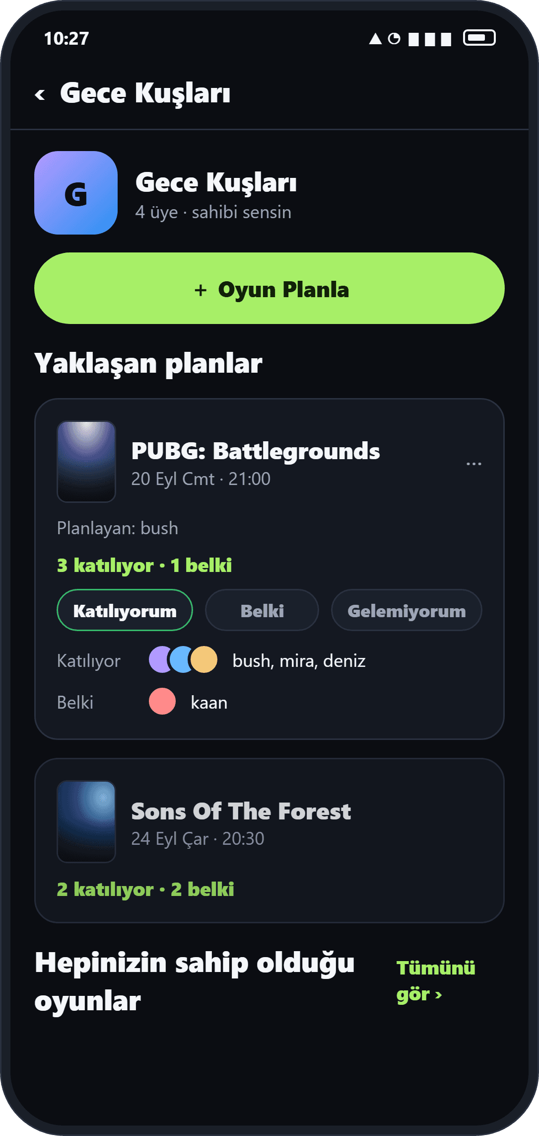 Yaklaşan oturumu olan ekip detayı ekranı
