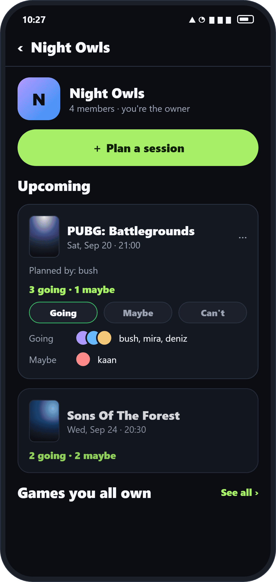 Squad detail screen with an upcoming session