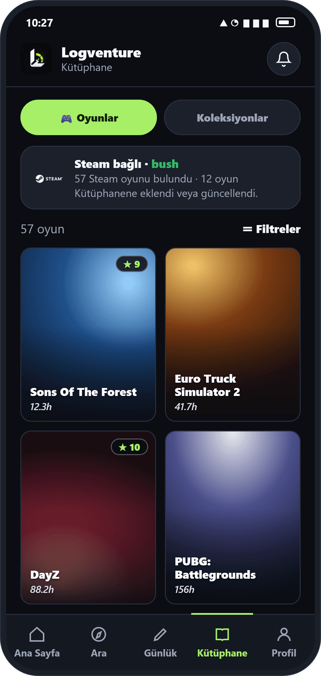 İçe aktarılan Steam oyunlarıyla Kütüphane ekranı