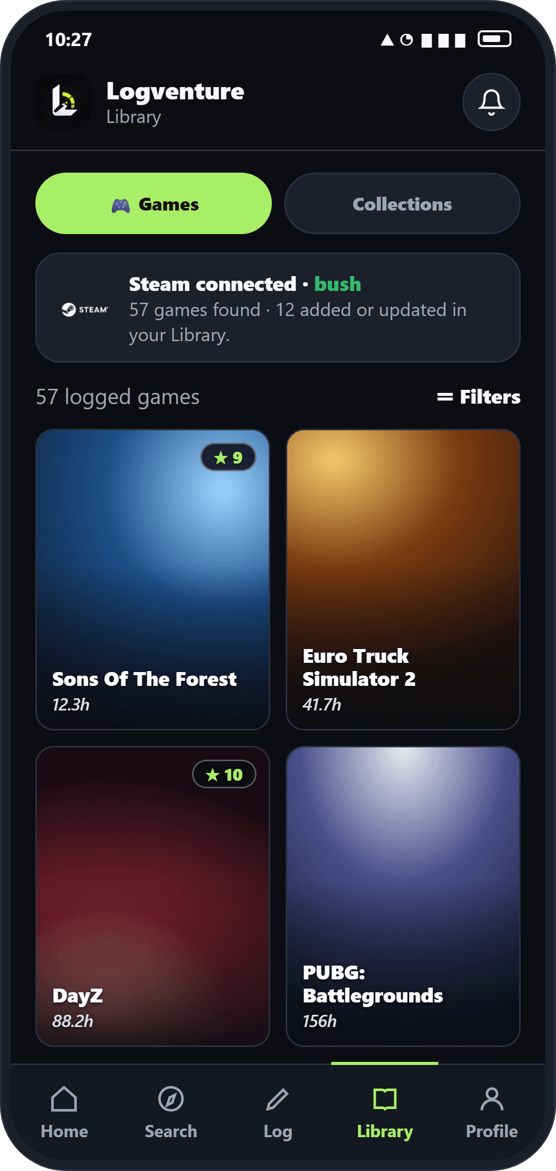 Library screen with imported Steam games