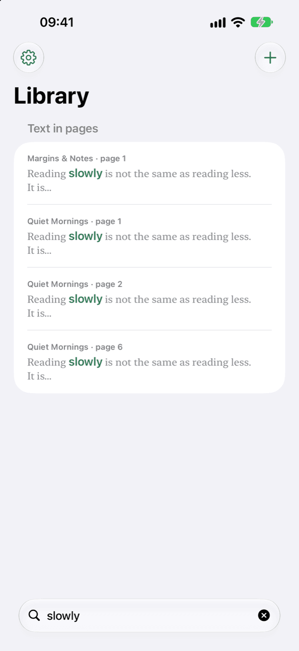 Search finding a word inside every page of the library