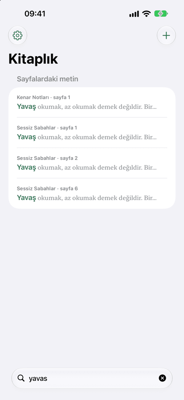 Kitaplığın her sayfasında bir kelimeyi bulan arama