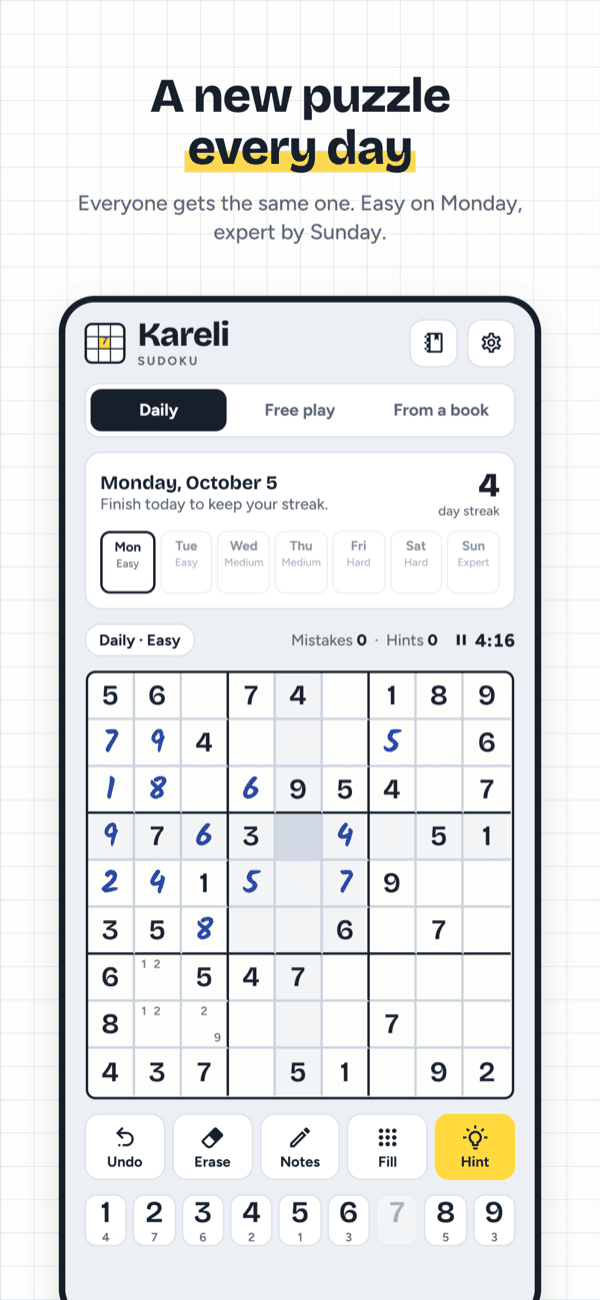 The daily puzzle with the week strip and your streak
