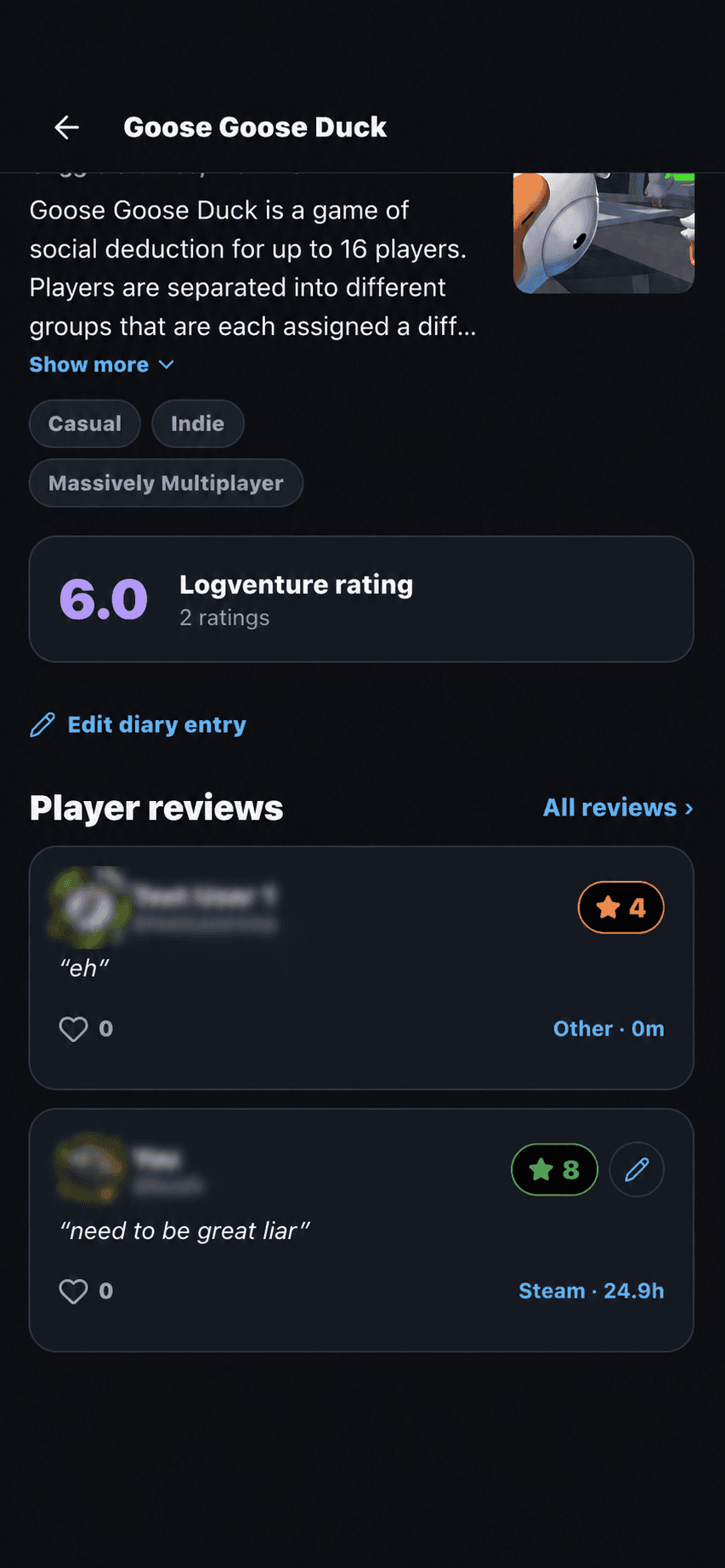 Logventure oyuncu yorumları ekranı