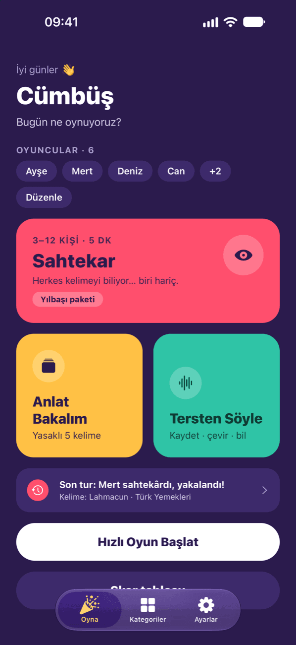 Üç oyun ve oyuncularla Oyna sekmesi